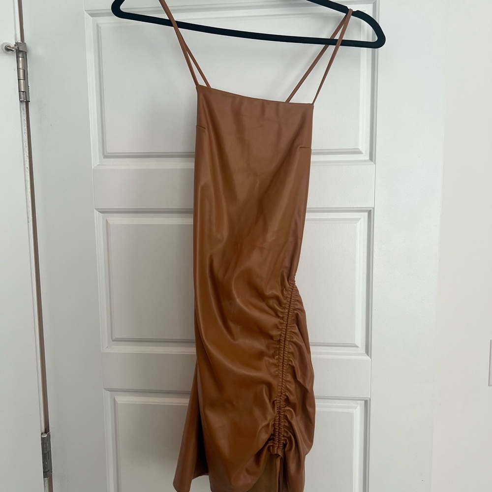 Tan Faux Leather Ruched Dress